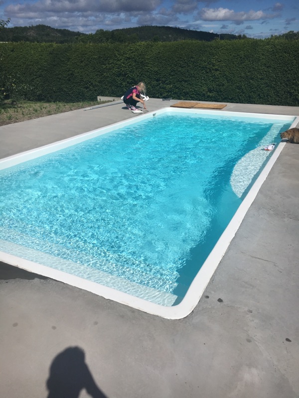 Experience summer bliss in this pristine fiberglass pool, where crystal-clear turquoise water meets a sun-kissed backyard oasis.