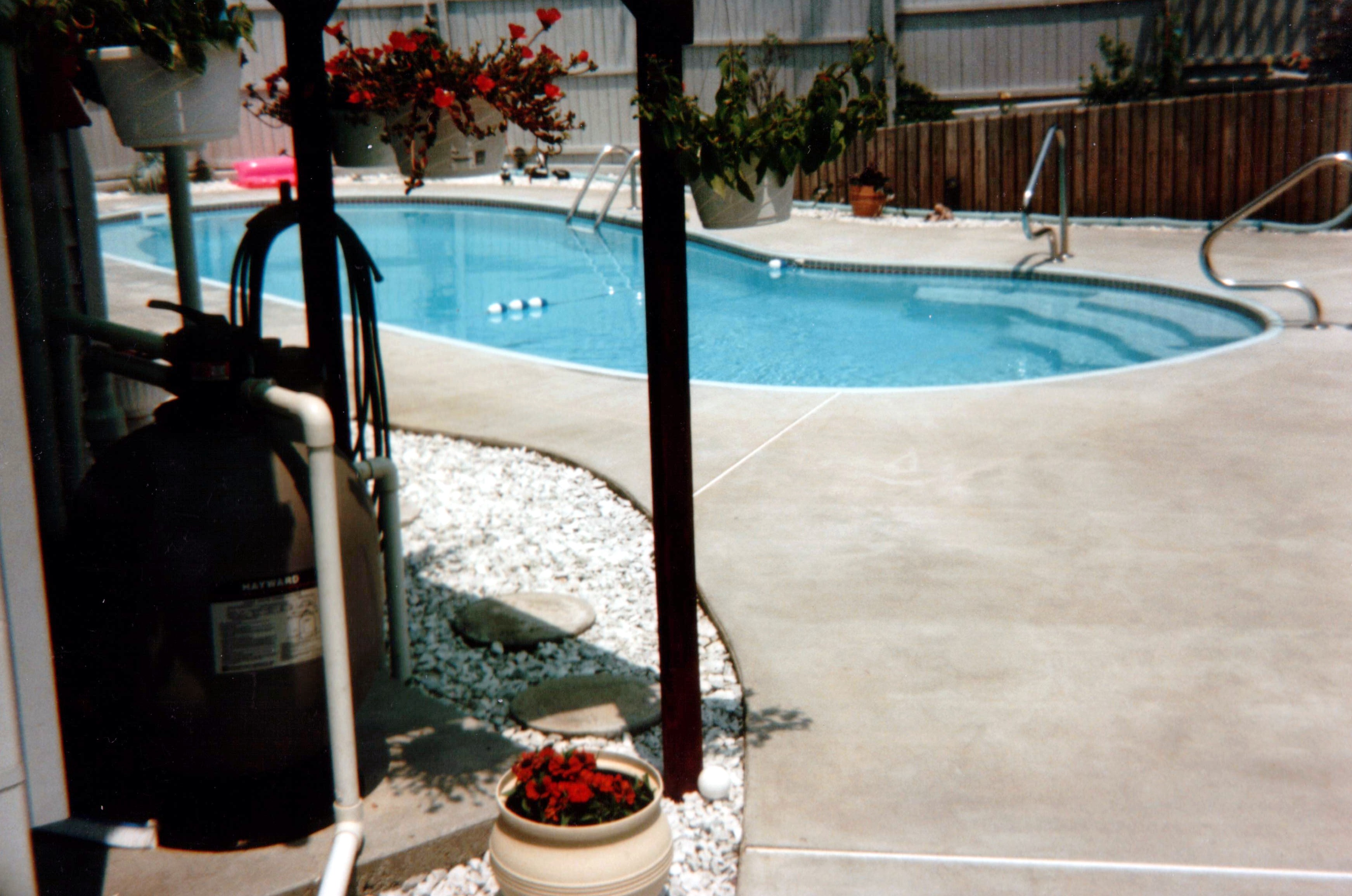 A serene inground pool in a southwest backyard, perfect for a relaxing summer day. The pool's classic design blends seamlessly with the surrounding desert landscape.