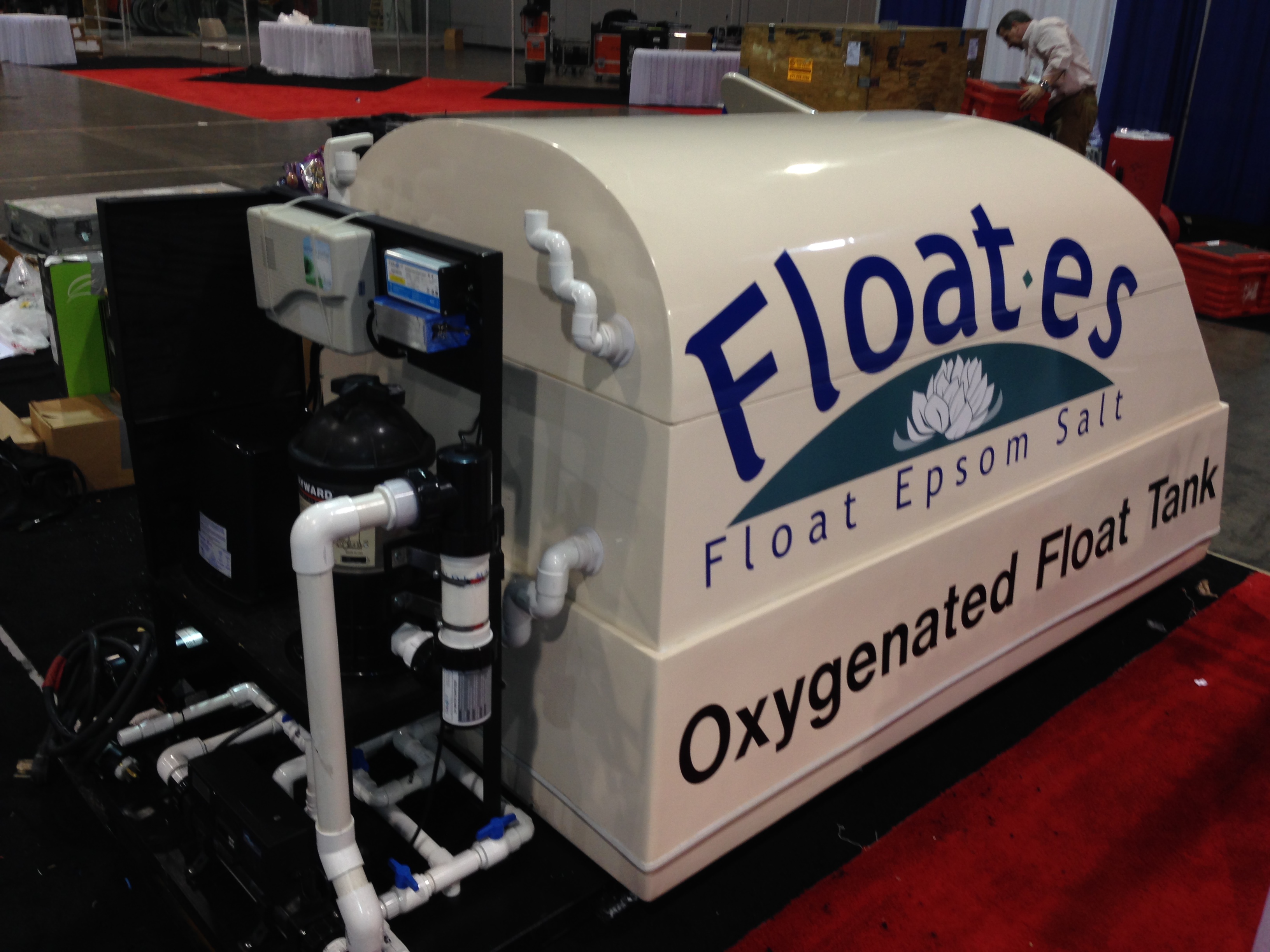 An oxygenated float tank designed for relaxation and wellness, featuring a sleek and modern design. Perfect for those seeking a unique and rejuvenating experience.