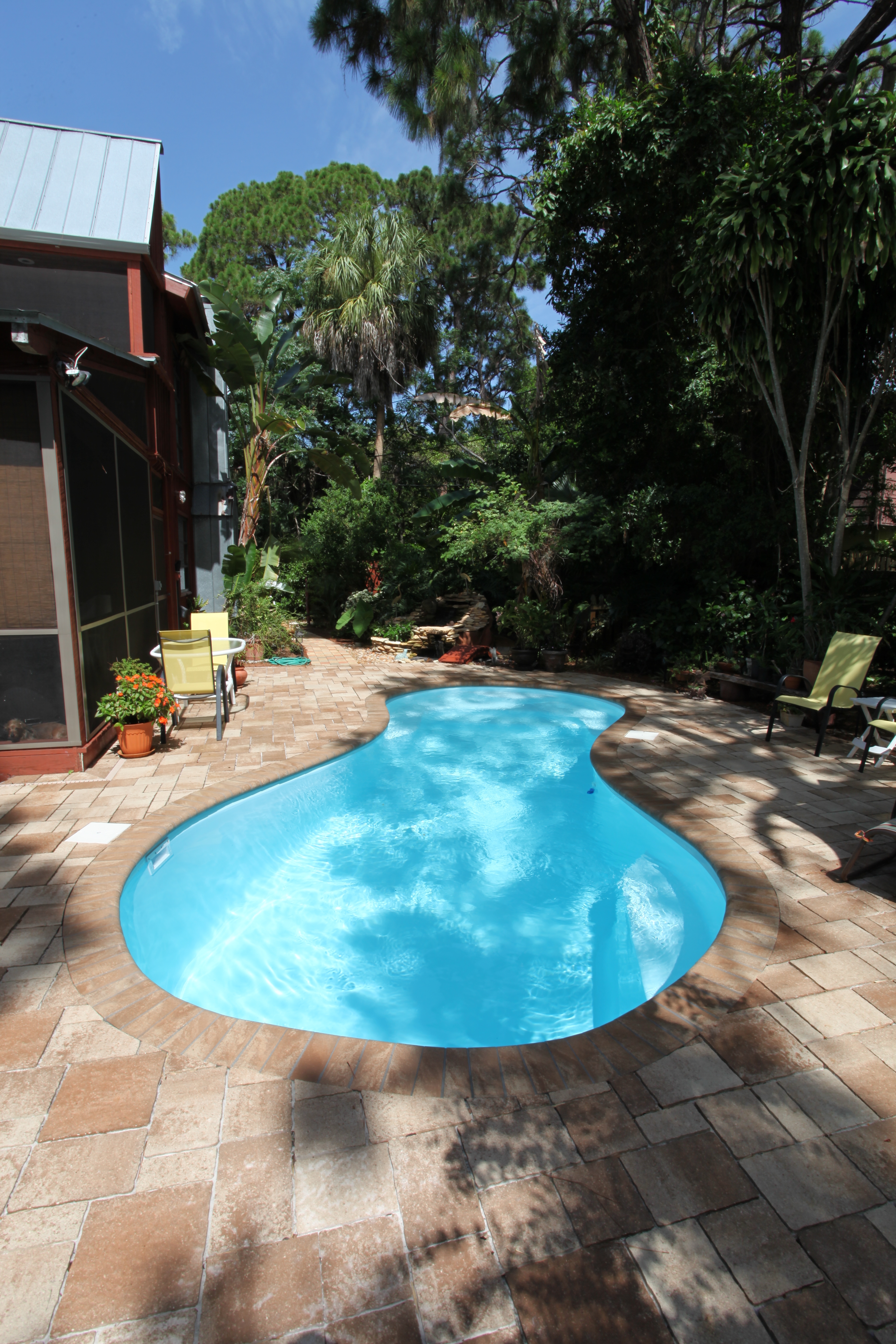 Discover tranquility with our vibrant blue fiberglass kidney bean pool, nestled in a lush backyard oasis.