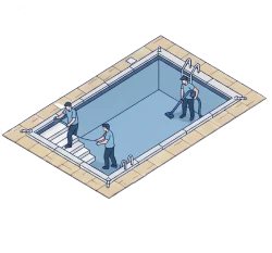 Fiberglass pool under construction with tiled deck and steps.